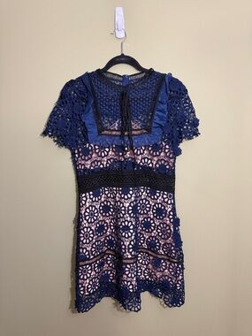 Navy Crochet Lace Mini Dress with Blush Lining